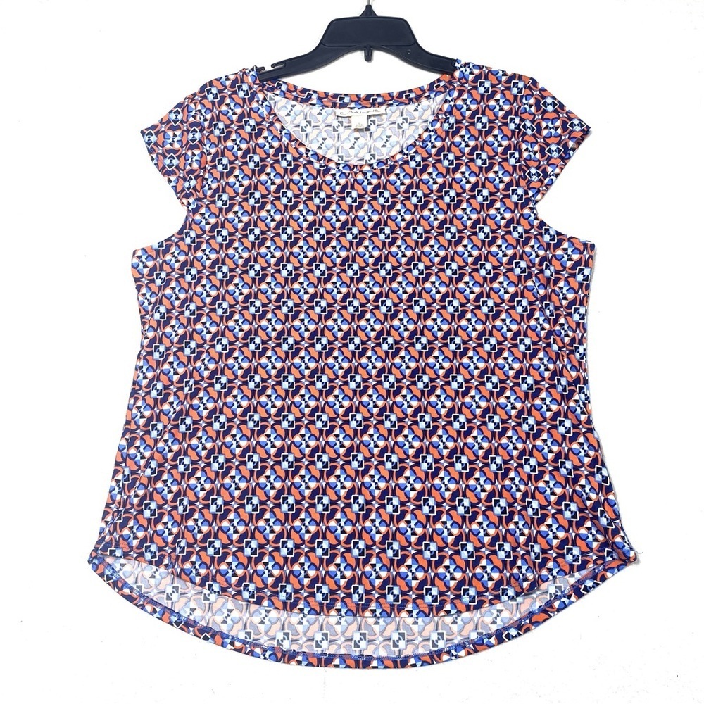 Emaline Geometric Blouse Womens L Blue Orange Cap Sleeve Round Neck Pullover Top